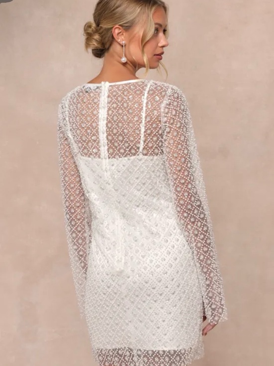 Lulus Dresses & Skirts - Lulu's White Sheer Beaded Long Sleeve Mini Dress